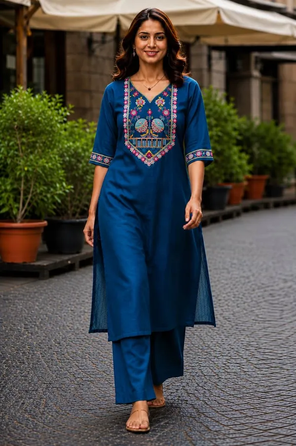 Blue_Embroidered_V_Neck_Kurta_For_Women
