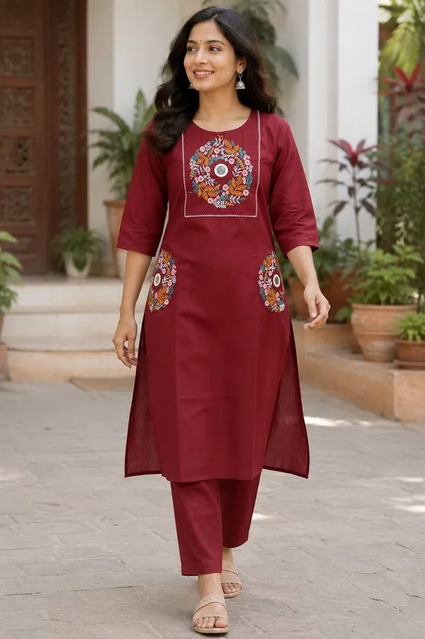 Maroon_Embroidered_Straight_Kurta_for_Women