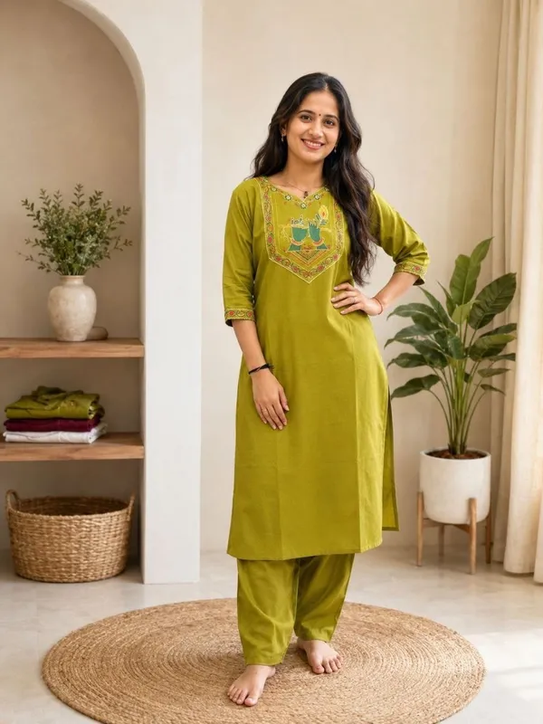 Olive_Green_Embroidered_Straight_Kurta_Set_For_Women