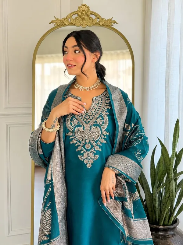 Teal_Embroidered_Straight_Suit_Set_for_Women