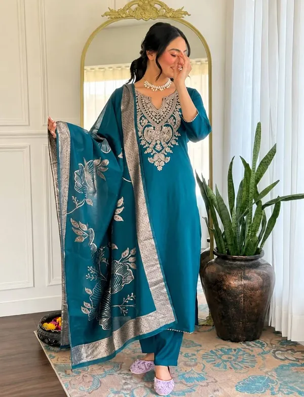 Teal_Embroidered_Straight_Suit_Set_for_Women