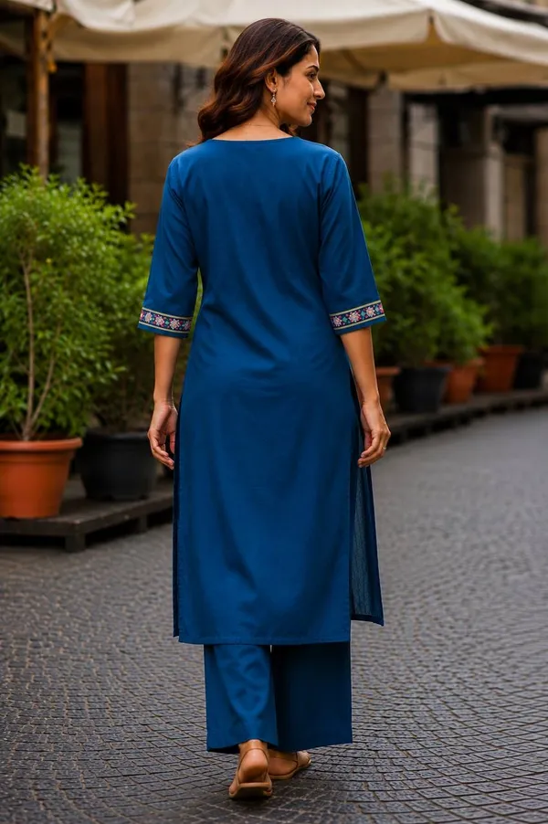 Blue_Embroidered_V_Neck_Kurta_For_Women