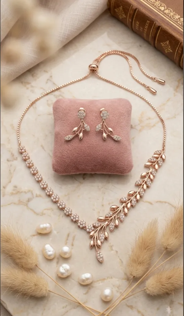 Rose_Gold_Tone_Floral_Leaf_Necklace_And_Earring_Set