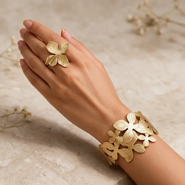Gold_Tone_Floral_Bracelet_And_Ring_Set_For_Women