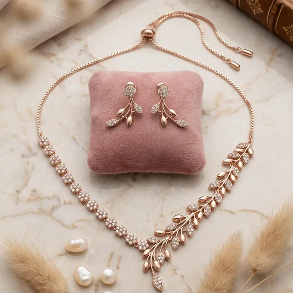 Rose_Gold_Tone_Floral_Leaf_Necklace_And_Earring_Set