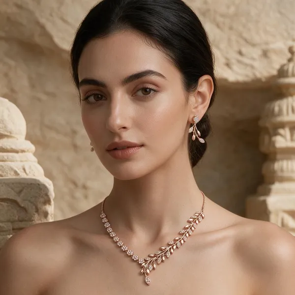 Rose_Gold_Tone_Floral_Leaf_Necklace_And_Earring_Set