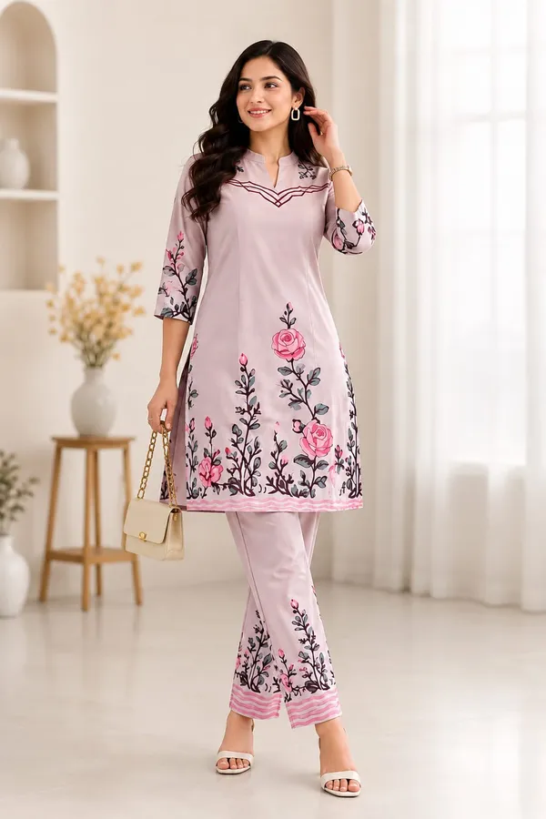 Pink_Soft_Fabric_Straight_Kurti_Trouser_Set_For_Women