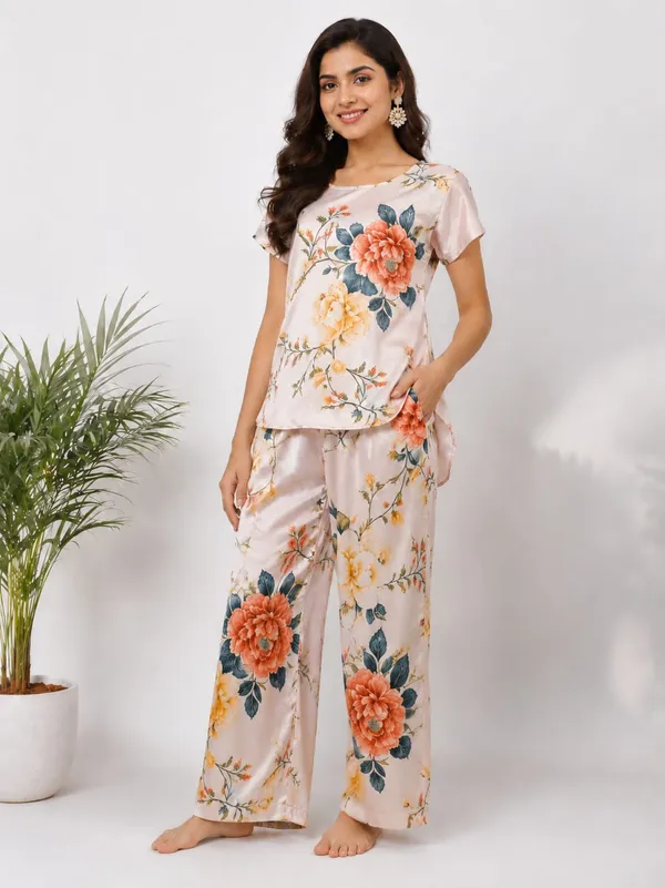 Pink_Satin_Floral_Print_Pajama_Set_For_Women