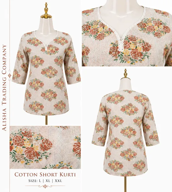 Cream_Cotton_Floral_Print_Short_Kurti_for_Women
