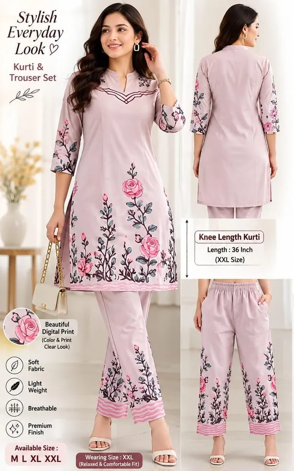 Pink_Soft_Fabric_Straight_Kurti_Trouser_Set_For_Women