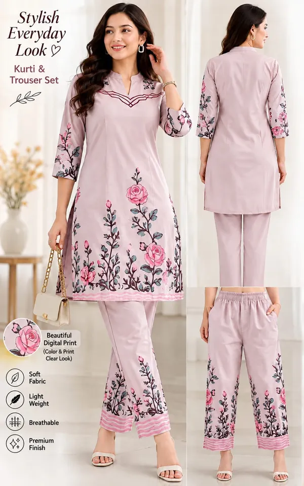 Pink_Soft_Fabric_Straight_Kurti_Trouser_Set_For_Women