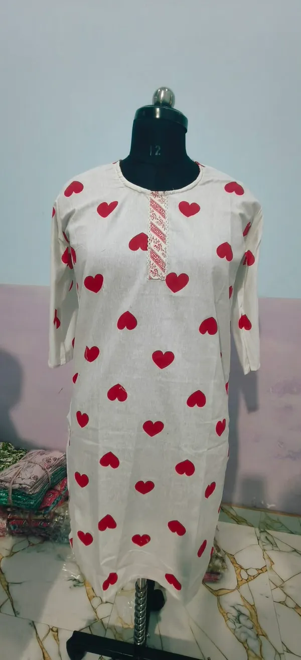 White_Heart_Print_Straight_Kurta_Set_For_Women