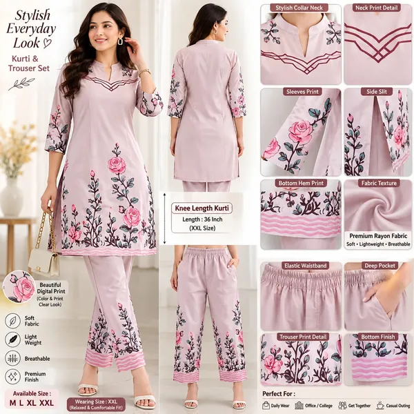 Pink_Soft_Fabric_Straight_Kurti_Trouser_Set_For_Women