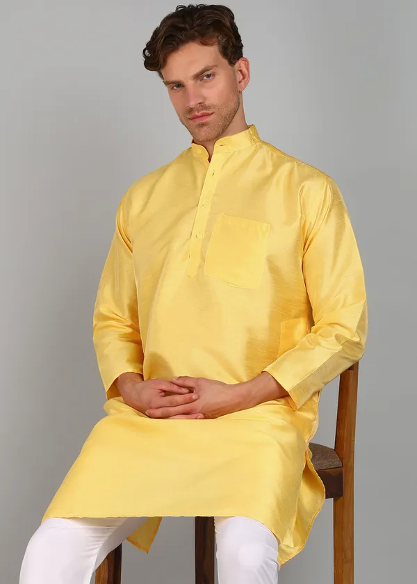 Yellow_Silk_Straight_Fit_Solid_Ethnic_Kurta_For_Men