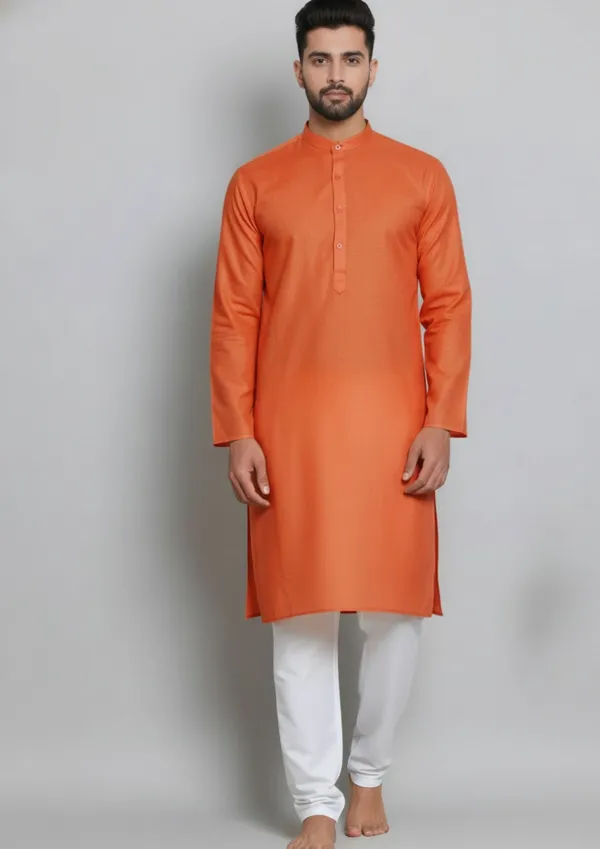 Orange_Cotton_Solid_Straight_Kurta_For_Men