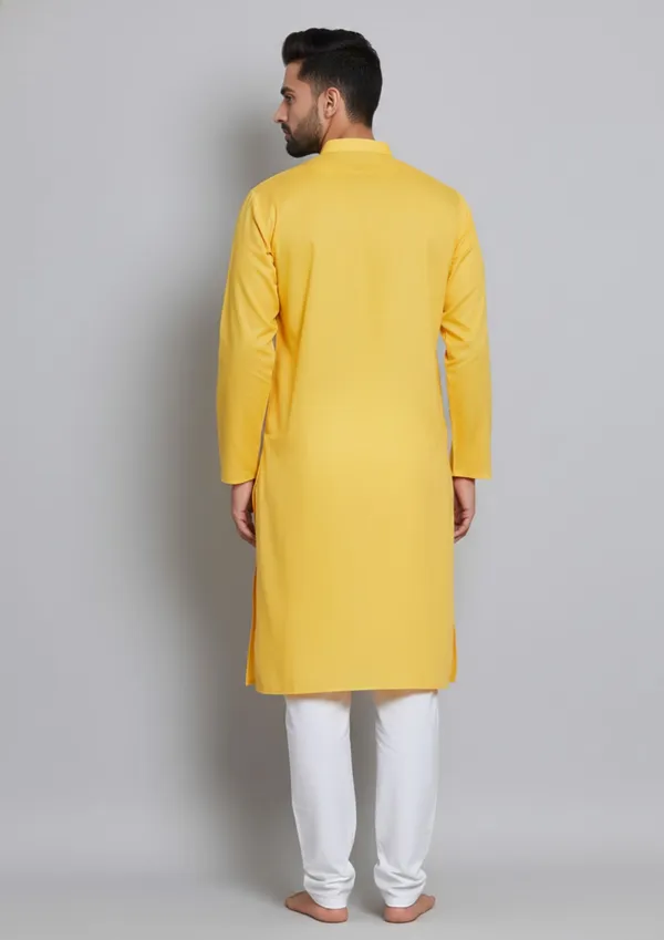 Yellow_Cotton-Polyester_Straight_Fit_Solid_Kurta_For_Men