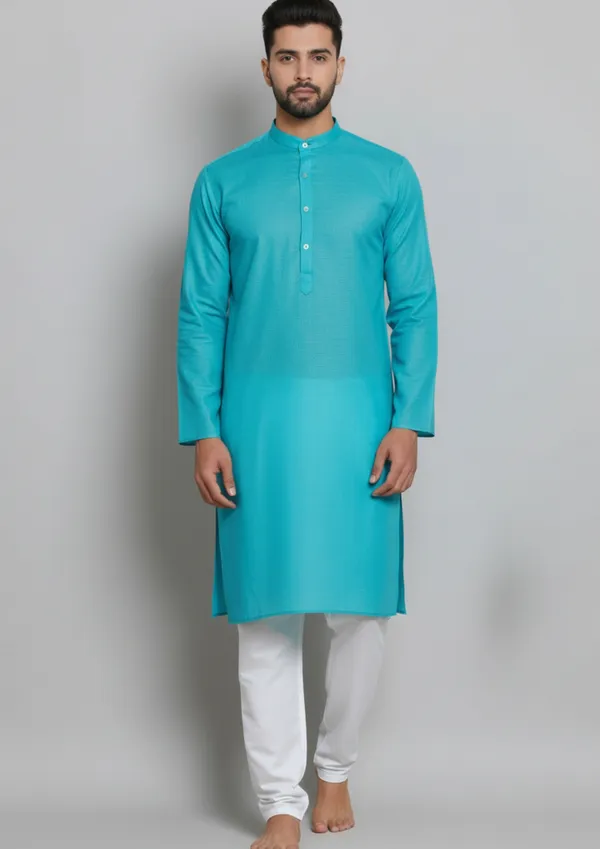 Turquoise_Cotton_Blend_Straight_Fit_Kurta_For_Men