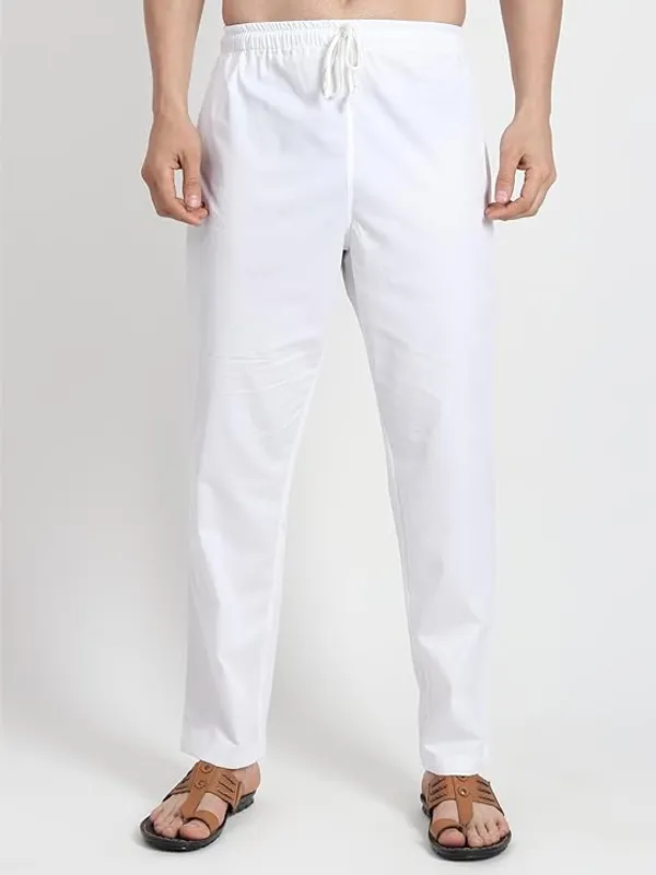 White_Cotton-Polyester_Relaxed_Fit_Drawstring_Pants_For_Men