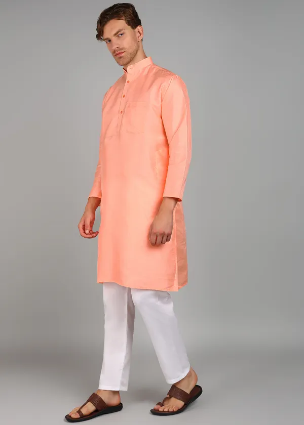 Peach_Silk_Straight_Fit_Solid_Kurta_For_Men