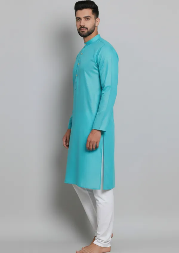 Turquoise_Cotton_Blend_Straight_Fit_Kurta_For_Men