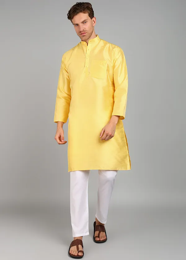 Yellow_Silk_Straight_Fit_Solid_Ethnic_Kurta_For_Men