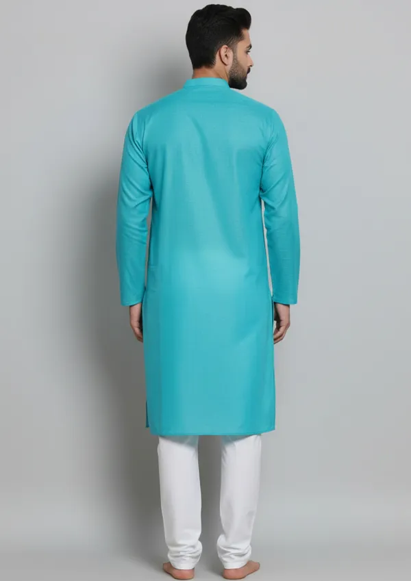 Turquoise_Cotton_Blend_Straight_Fit_Kurta_For_Men