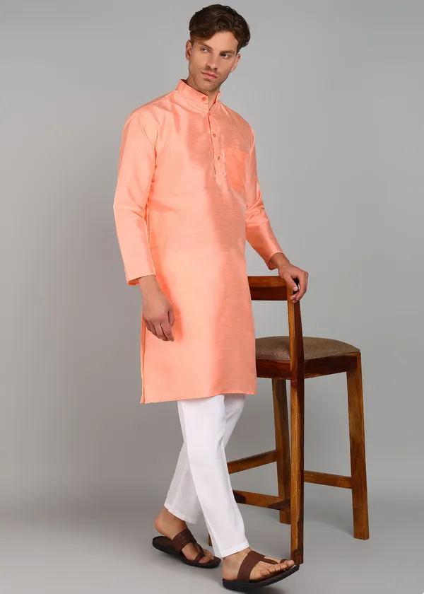 Peach_Silk_Straight_Fit_Solid_Kurta_For_Men