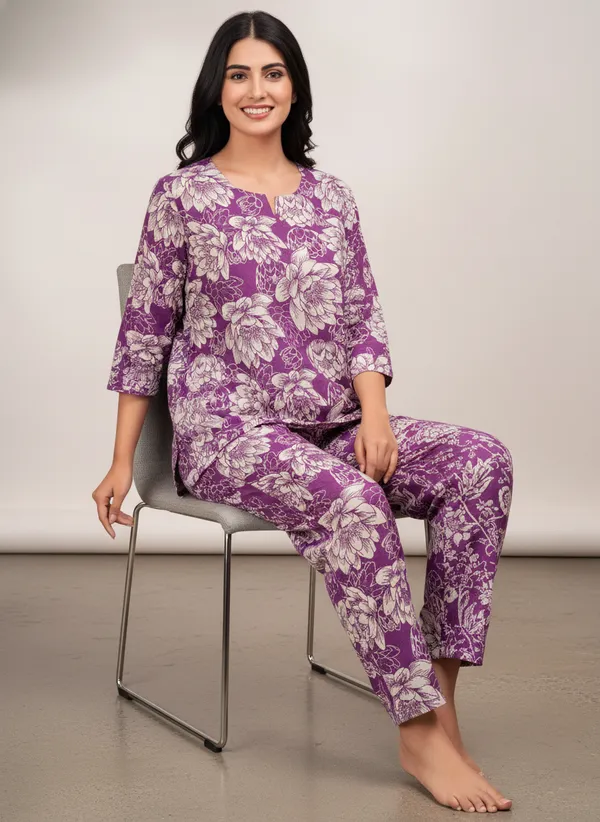 Purple_Floral_Print_Relaxed_Fit_Night_Suit_For_Women