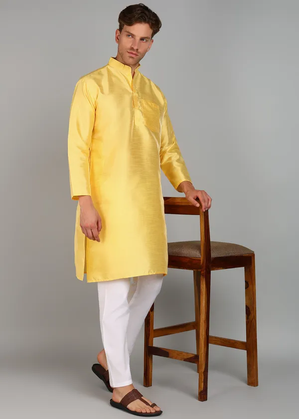 Yellow_Silk_Straight_Fit_Solid_Ethnic_Kurta_For_Men