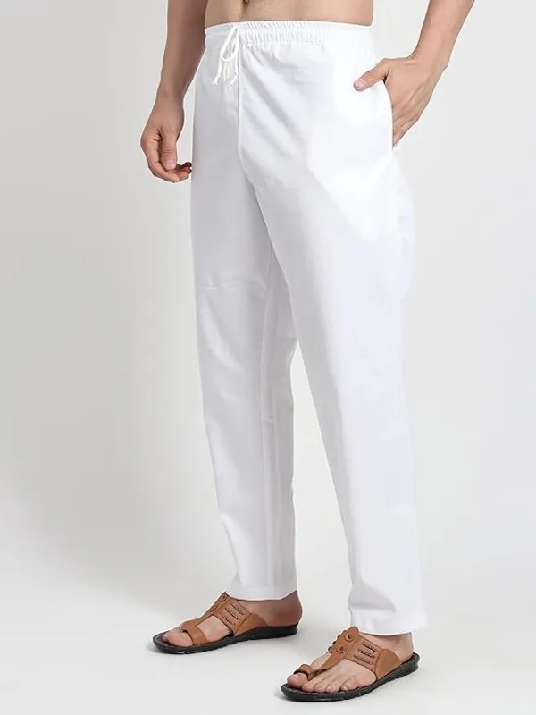 White_Cotton-Polyester_Relaxed_Fit_Drawstring_Pants_For_Men