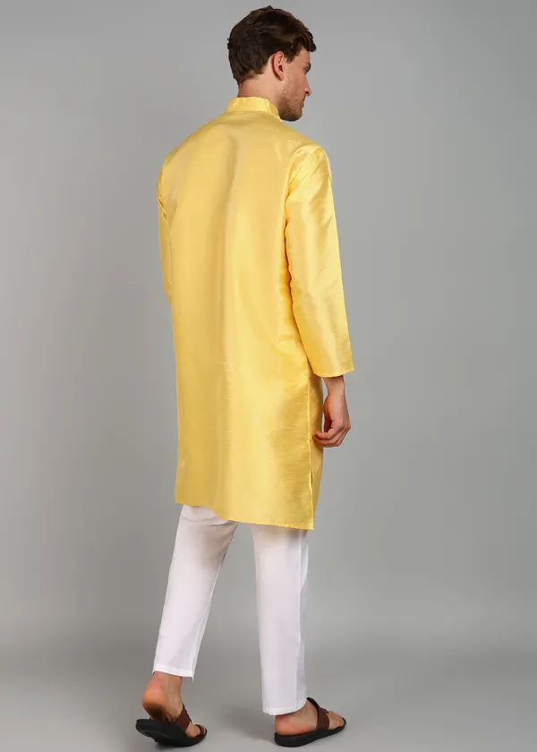 Yellow_Silk_Straight_Fit_Solid_Ethnic_Kurta_For_Men