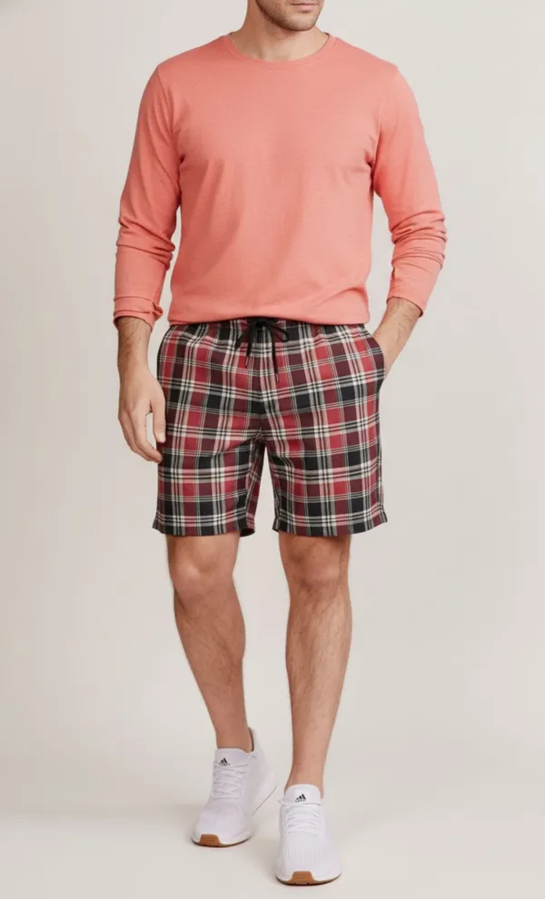 Maroon_Cotton_Plaid_Regular_Fit_Shorts_For_Men_-_Pack_of_2