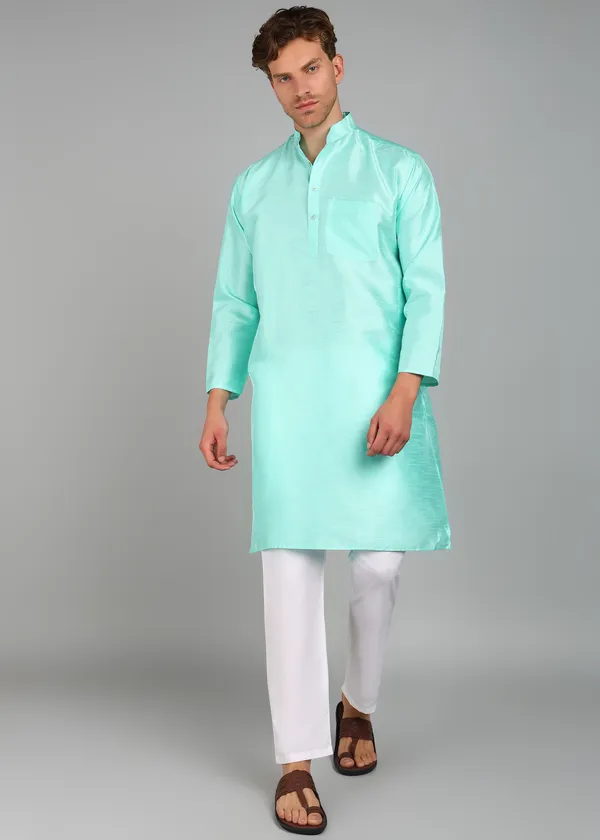 Mint_Green_Silk_Textured_Straight_Fit_Kurta_For_Men