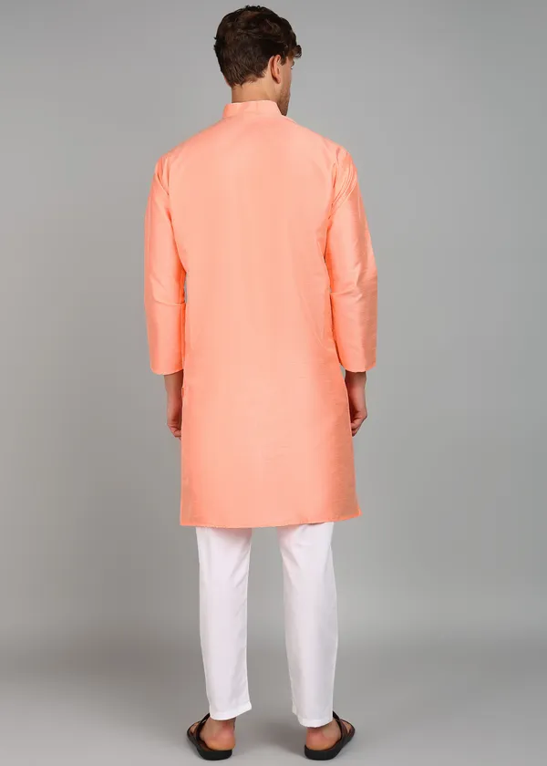 Peach_Silk_Straight_Fit_Solid_Kurta_For_Men