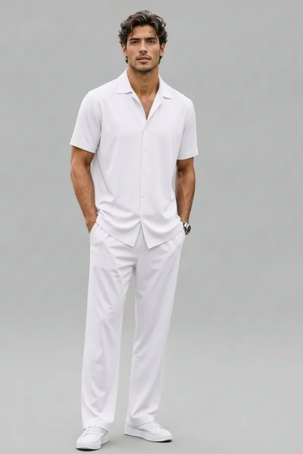 White_Cotton_Relaxed_Fit_Shirt_And_Trousers_Set_For_Men