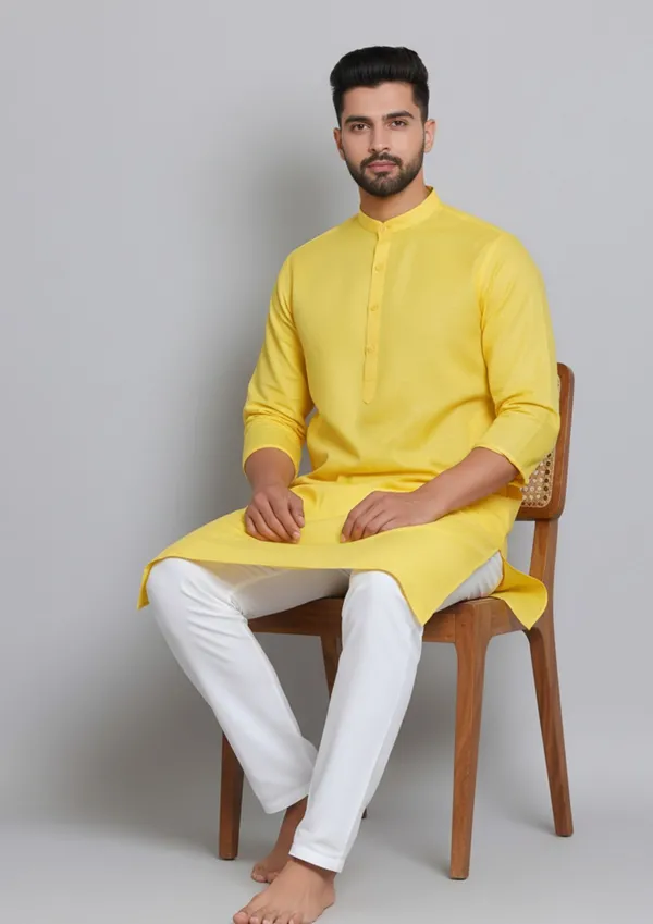 Yellow_Cotton-Polyester_Straight_Fit_Solid_Kurta_For_Men