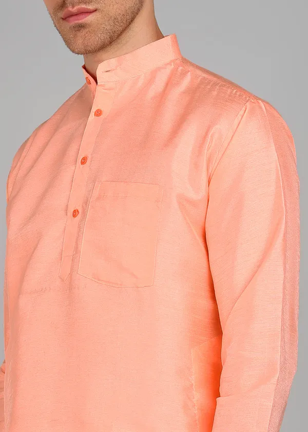 Peach_Silk_Straight_Fit_Solid_Kurta_For_Men