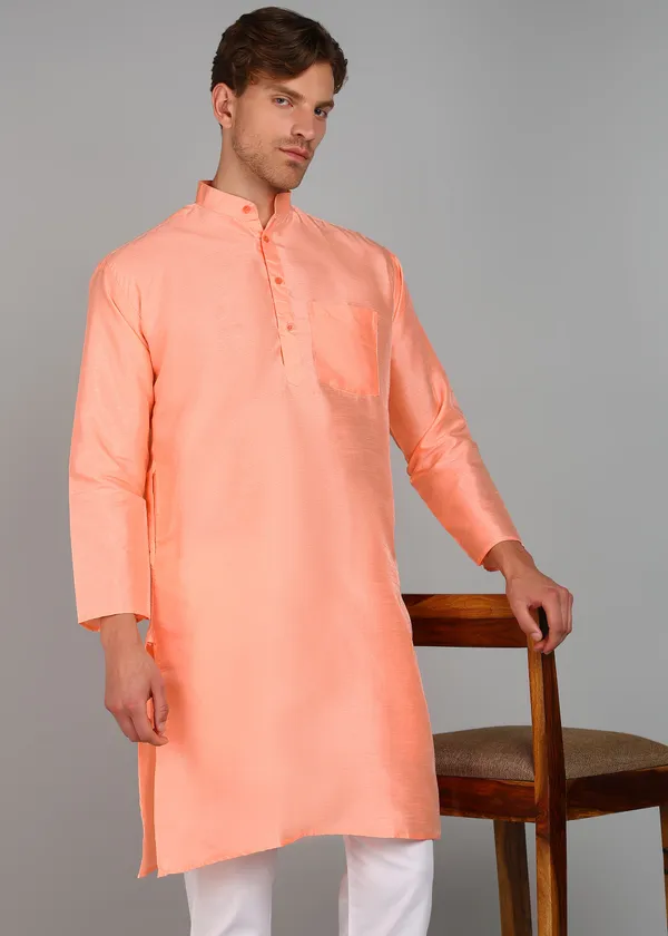 Peach_Silk_Straight_Fit_Solid_Kurta_For_Men