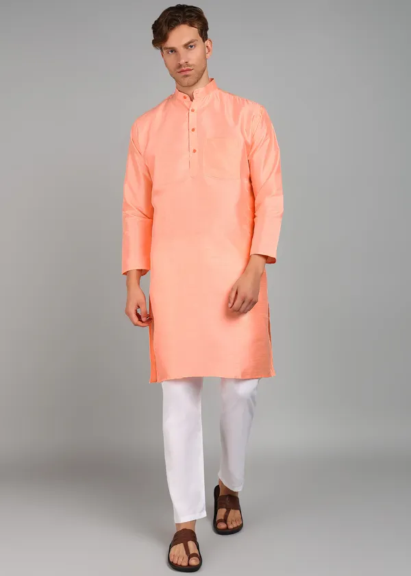 Peach_Silk_Straight_Fit_Solid_Kurta_For_Men