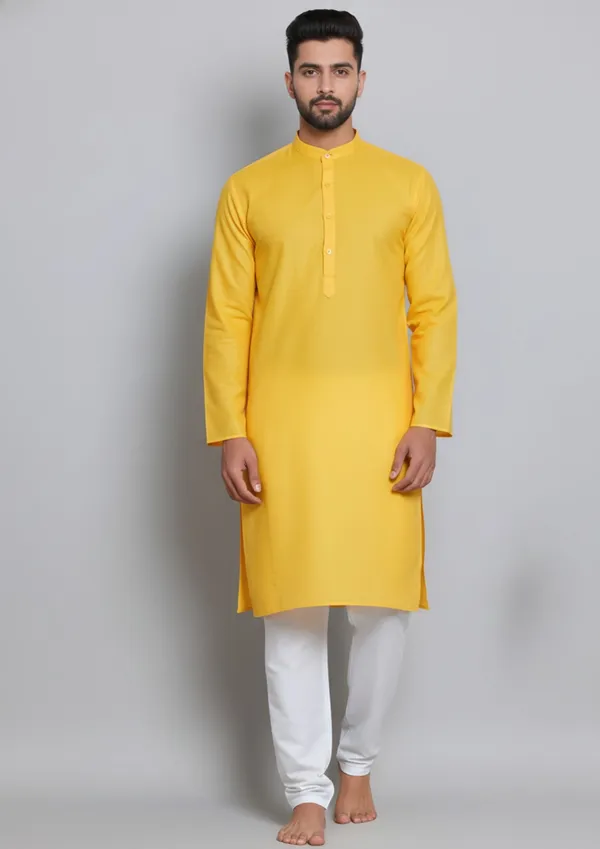 Yellow_Cotton-Polyester_Straight_Fit_Solid_Kurta_For_Men