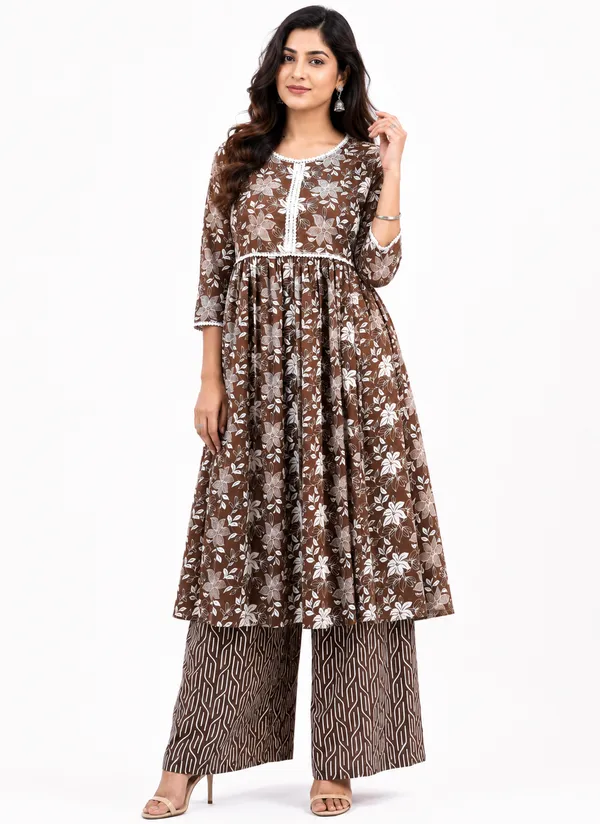 Women_S_Anarkali_Floral_Print_Kurti_With_Palazzo_Brown_Cotton