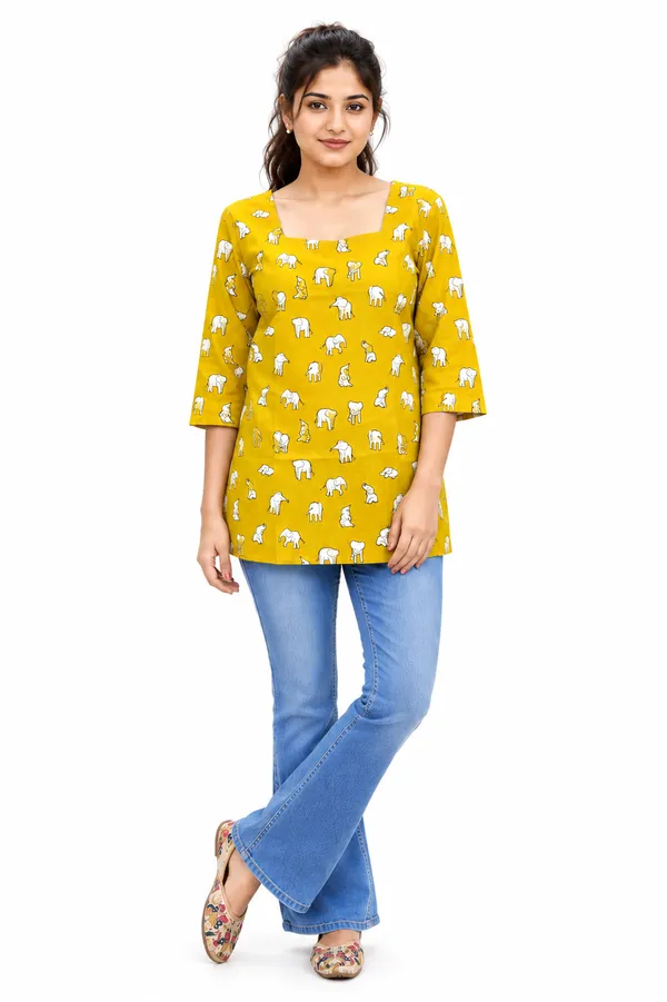 Yellow_Printed_Cotton_Top_For_Women_Square_Neck_3_4_Sleeve