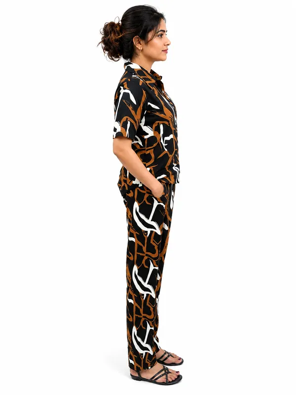 Women_S_Black_Brown_Printed_Co_Ord_Set_With_Collared_Shirt_Wide_Leg_Pants