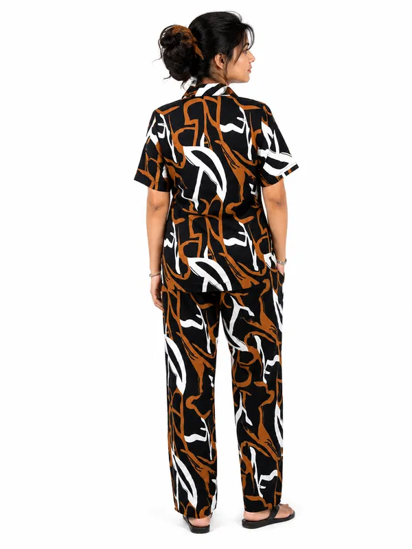 Women_S_Black_Brown_Printed_Co_Ord_Set_With_Collared_Shirt_Wide_Leg_Pants