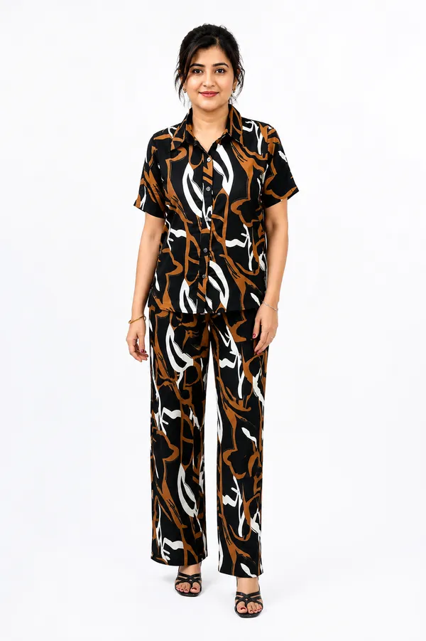 Women_S_Black_Brown_Printed_Co_Ord_Set_With_Collared_Shirt_Wide_Leg_Pants