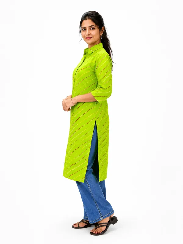 Women_S_Lime_Green_Striped_Straight_Kurti_With_Shirt_Collar_3_4_Sleeves