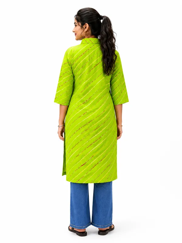 Women_S_Lime_Green_Striped_Straight_Kurti_With_Shirt_Collar_3_4_Sleeves