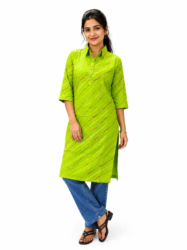 Women_S_Lime_Green_Striped_Straight_Kurti_With_Shirt_Collar_3_4_Sleeves