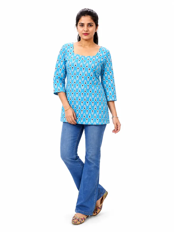 Women_S_Blue_Printed_Square_Neck_Top_With_3_4_Sleeves