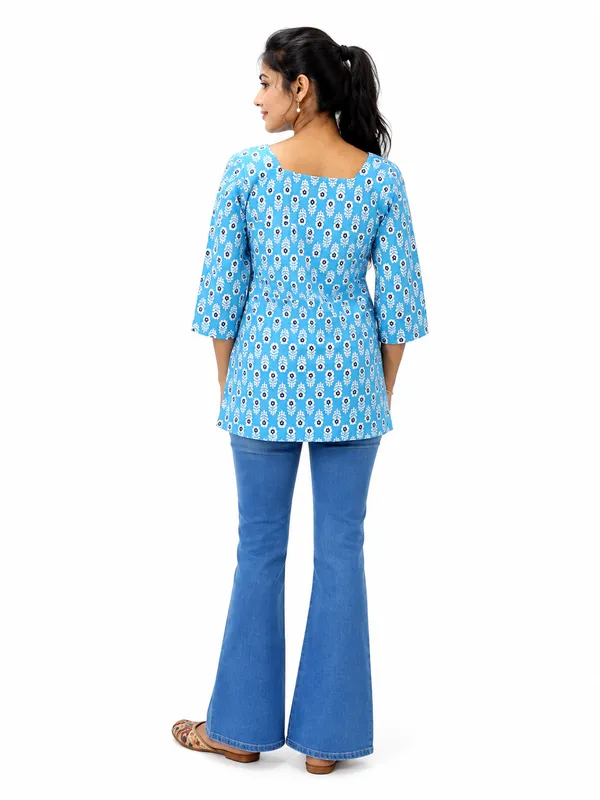 Women_S_Blue_Printed_Square_Neck_Top_With_3_4_Sleeves